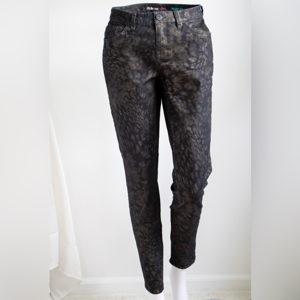 Style & Co. Denim Animal Metallic Print Skinny Leg Women’s Foil Gold Jeans Sz 4